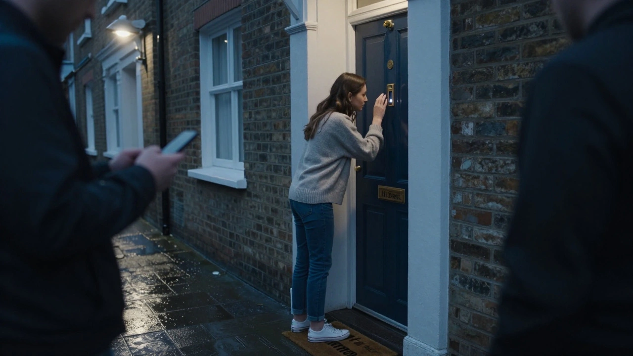 A woman checking a visitor through a peephole at a North London home.