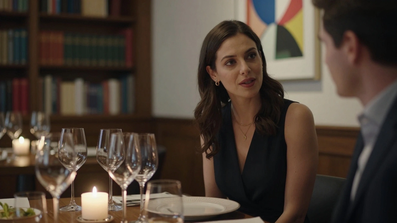 A woman listens intently over dinner at a refined London restaurant, candlelight reflecting in wine glasses and fine china.