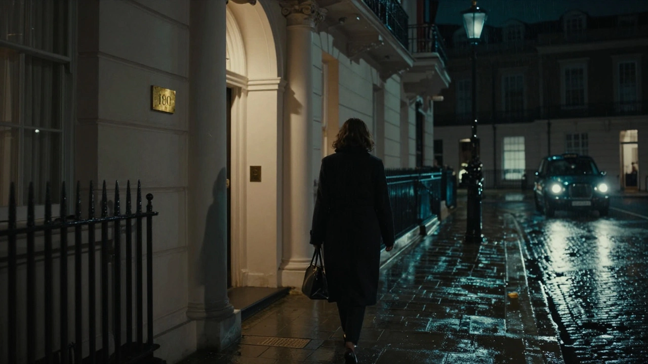 A woman walking away from a discreet Belgravia townhouse at night, rain glistening on cobblestones under dim streetlights.
