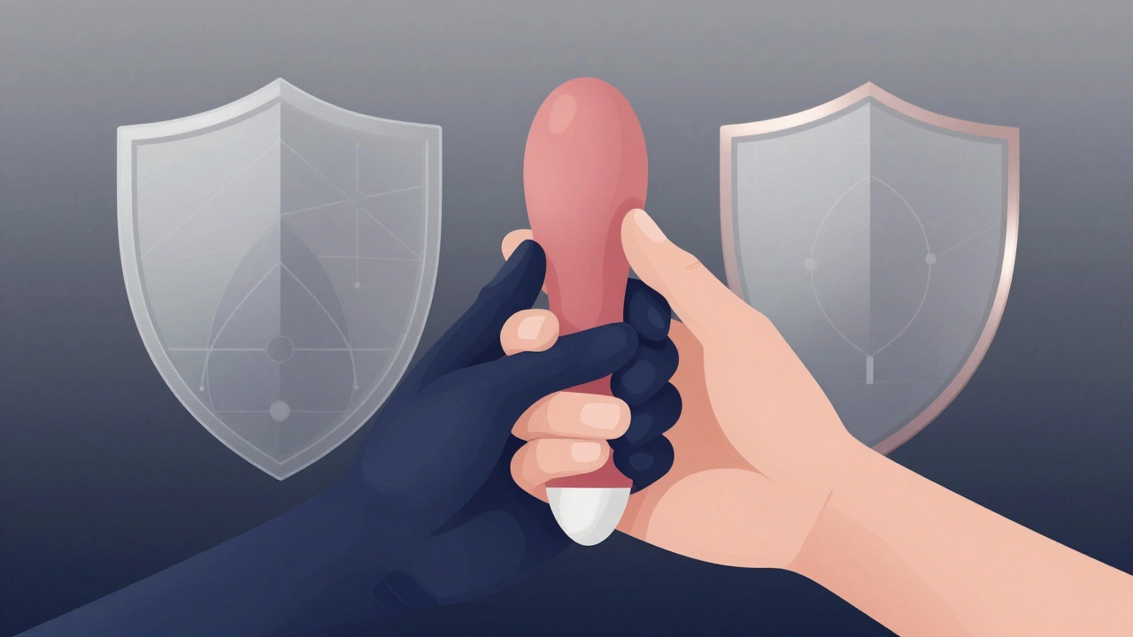 Abstract hands holding a medical-grade toy with symbolic patterns of trust and boundaries.