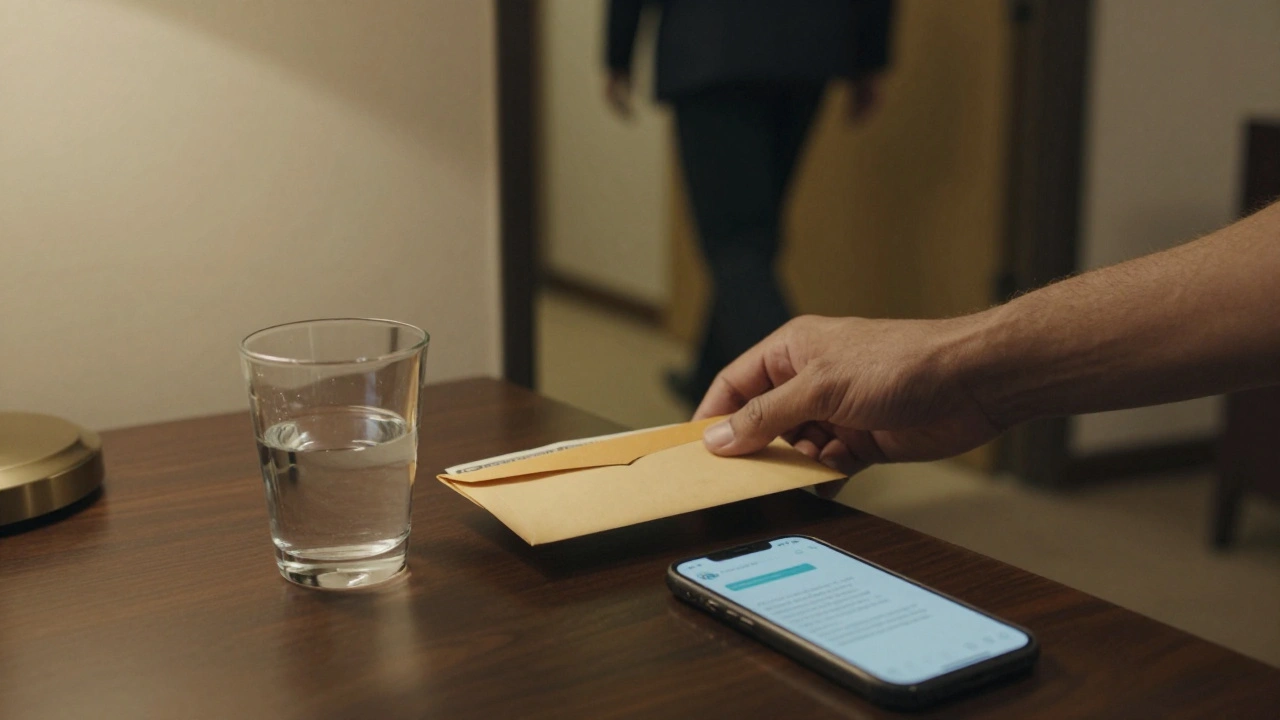 An envelope of cash on a nightstand with a phone displaying an encrypted message, emphasizing discreet payment.