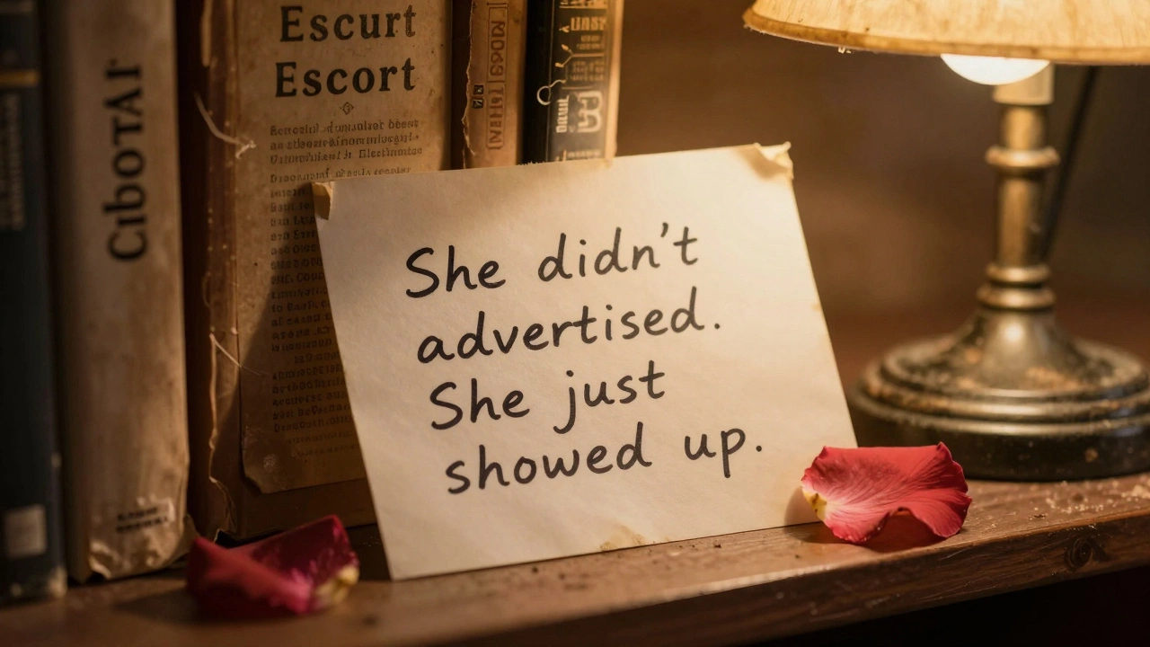 Faded handwritten note beside a rose petal inside an old book, evoking memory of a discreet escort from the past.