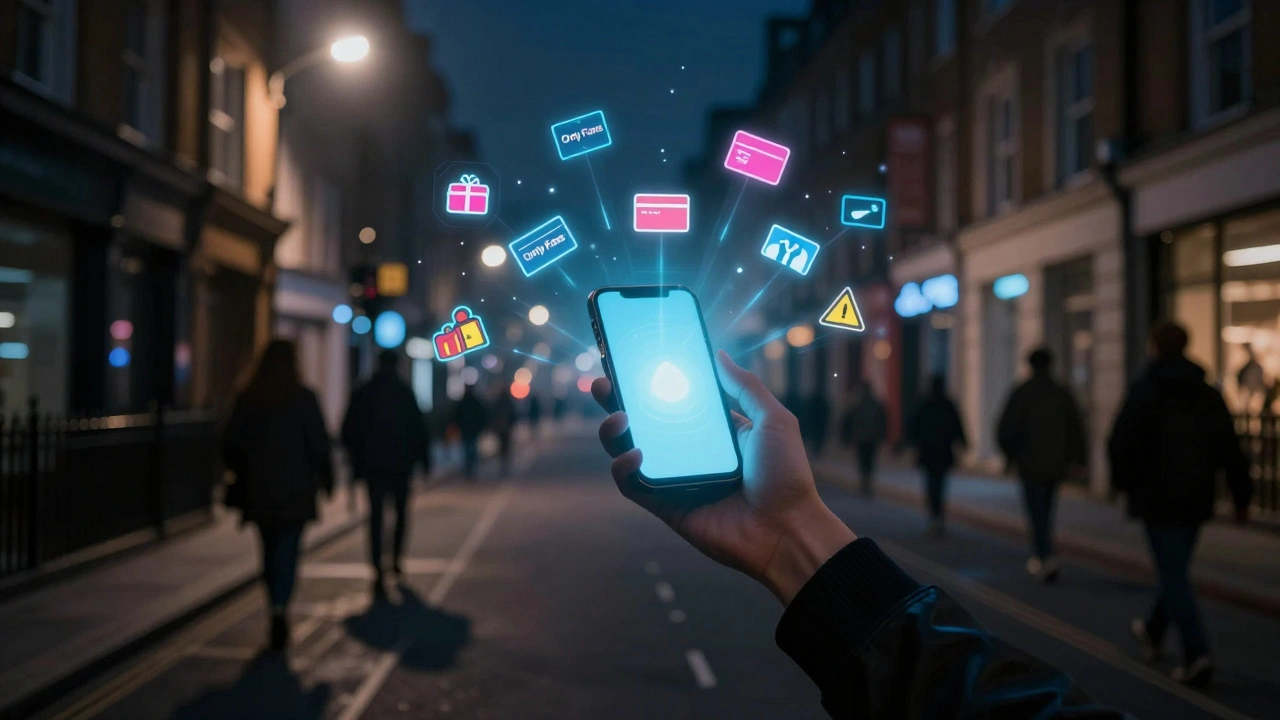 Glowing phone in dark London street projecting digital warnings, silhouettes walking away.