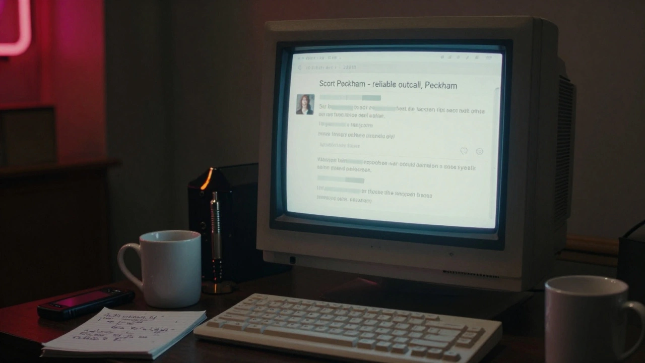Old computer screen showing a fragmented forum post about Scort Peckham, surrounded by burner phone and handwritten notes in dim room.