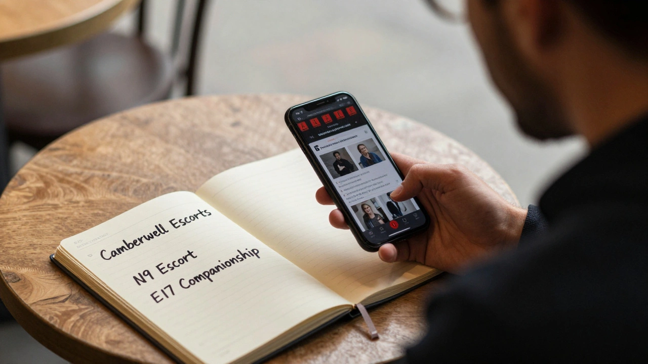 Person in London café looking at suspicious website on phone, with real agency names written nearby.