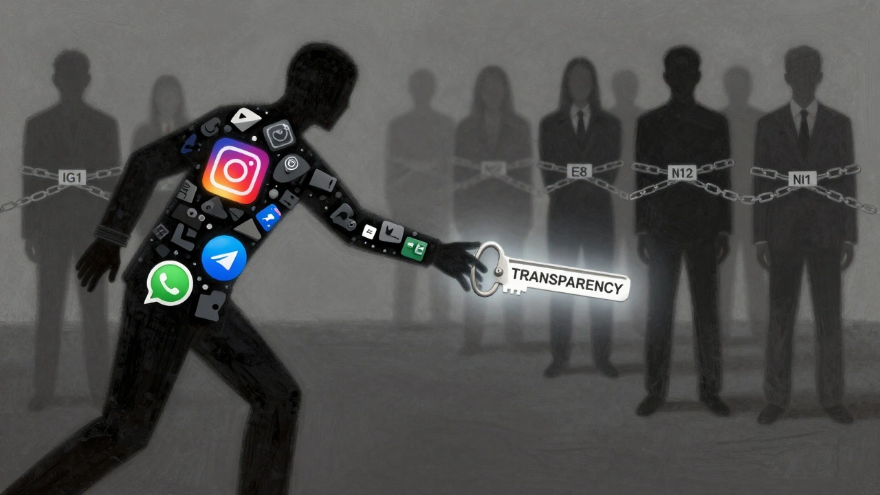Shadowy figure composed of social media icons reaching for a key labeled &#039;TRANSPARENCY,&#039; surrounded by postcode chains.