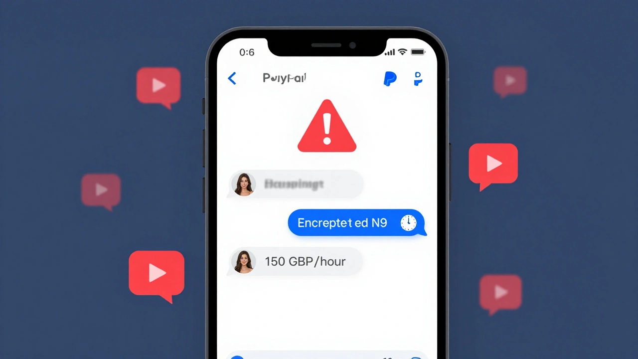 Smartphone screen showing a verified escort profile with red flag warnings fading around it.