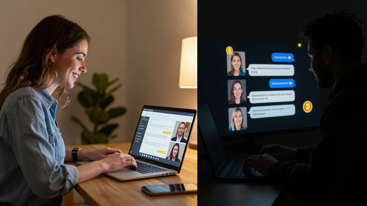 Split image: authentic creator filming video vs shadowy scammer using stock photos and crypto payments.