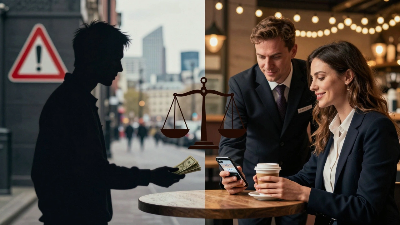 Split image: risky cash transaction vs. safe coffee meeting in Wembley Park with phone showing location sharing.