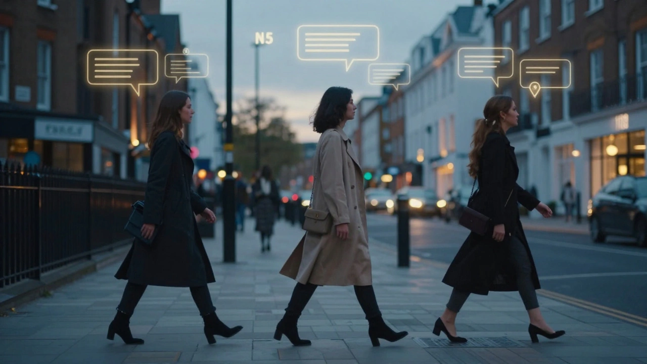 Three anonymous women walk through different London neighborhoods, surrounded by faint digital message and location markers.