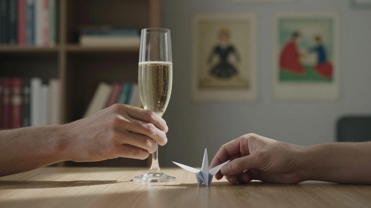 Two hands sharing a champagne glass and a paper crane, symbolizing thoughtful connection.