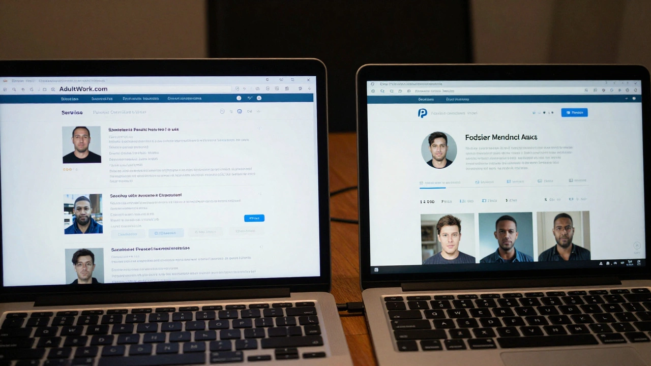 Two laptop screens side by side showing a legitimate escort profile versus a fake scam profile.