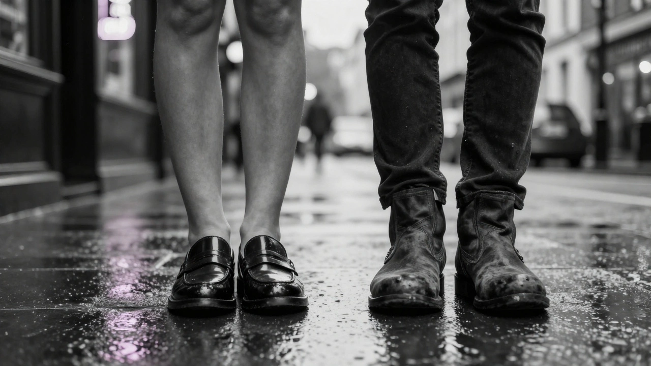 Two pairs of shoes on a rainy London sidewalk, reflecting neon lights, symbolizing an unseen meeting in a familiar neighborhood.