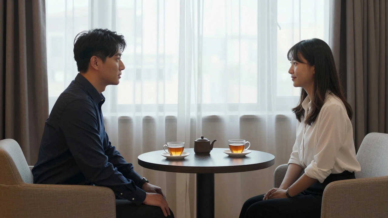 Two people sitting respectfully in a hotel room, sharing tea in discreet conversation.