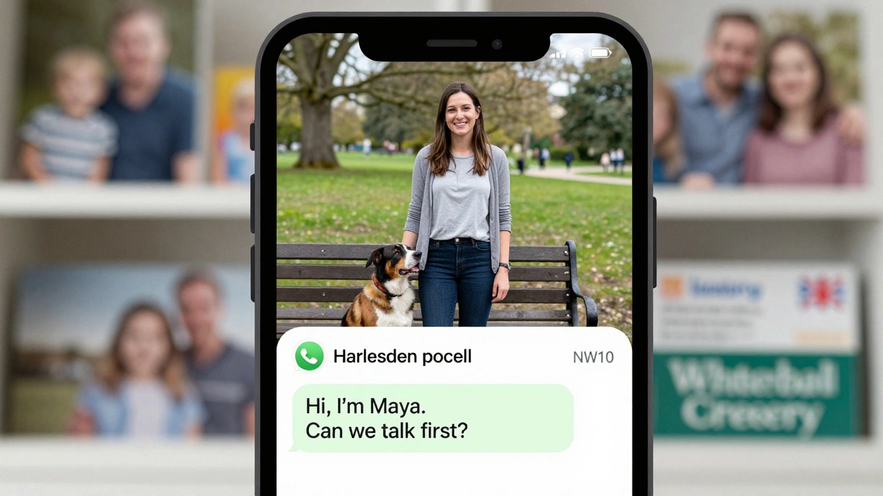 WhatsApp chat with a real photo and local postcode, showing an escort’s authentic, unfiltered profile.