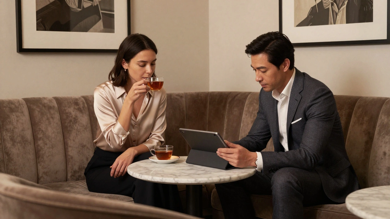 A calm woman and man in a quiet, luxurious lounge, sharing a moment of discretion.