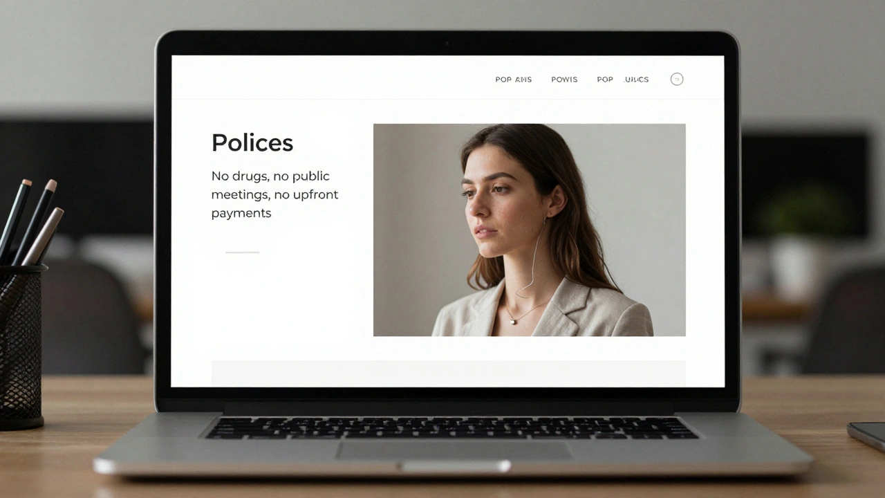A clean personal website with clear service policies displayed on a laptop screen.