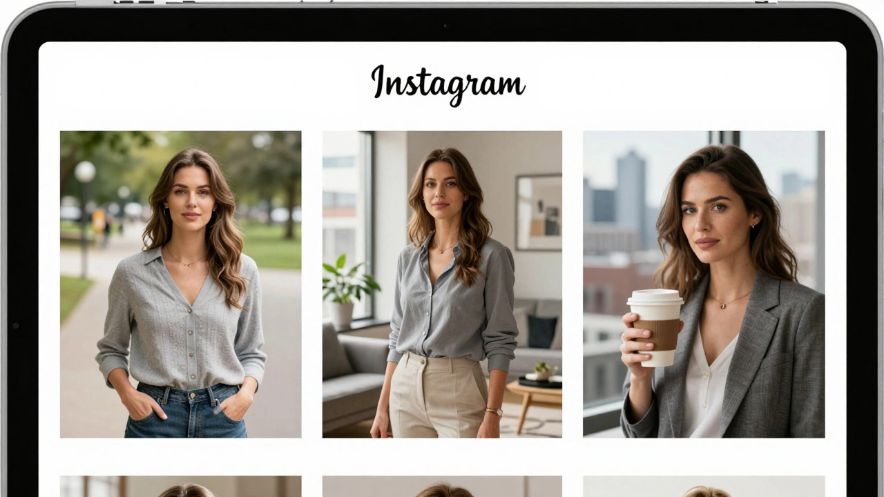 A curated Instagram feed on a tablet showing authentic photos of an escort in natural settings, no filters or emojis.