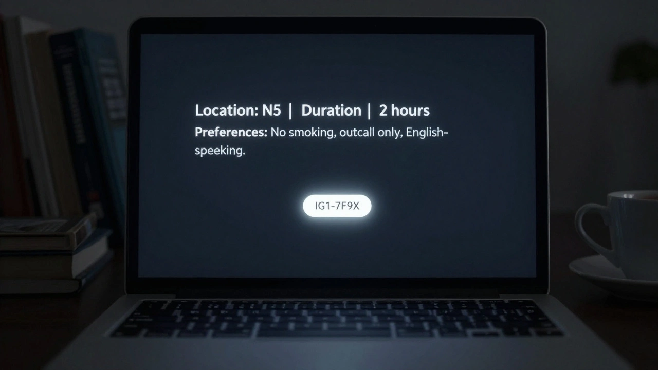 A dark laptop screen displaying a private encrypted request with a confirmation code for IG1 escort service.