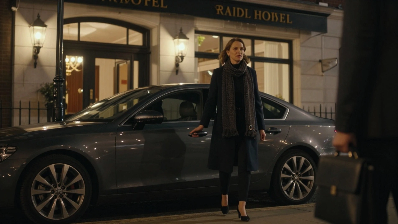 A discreet meeting between an escort and client outside a Wembley hotel at night.