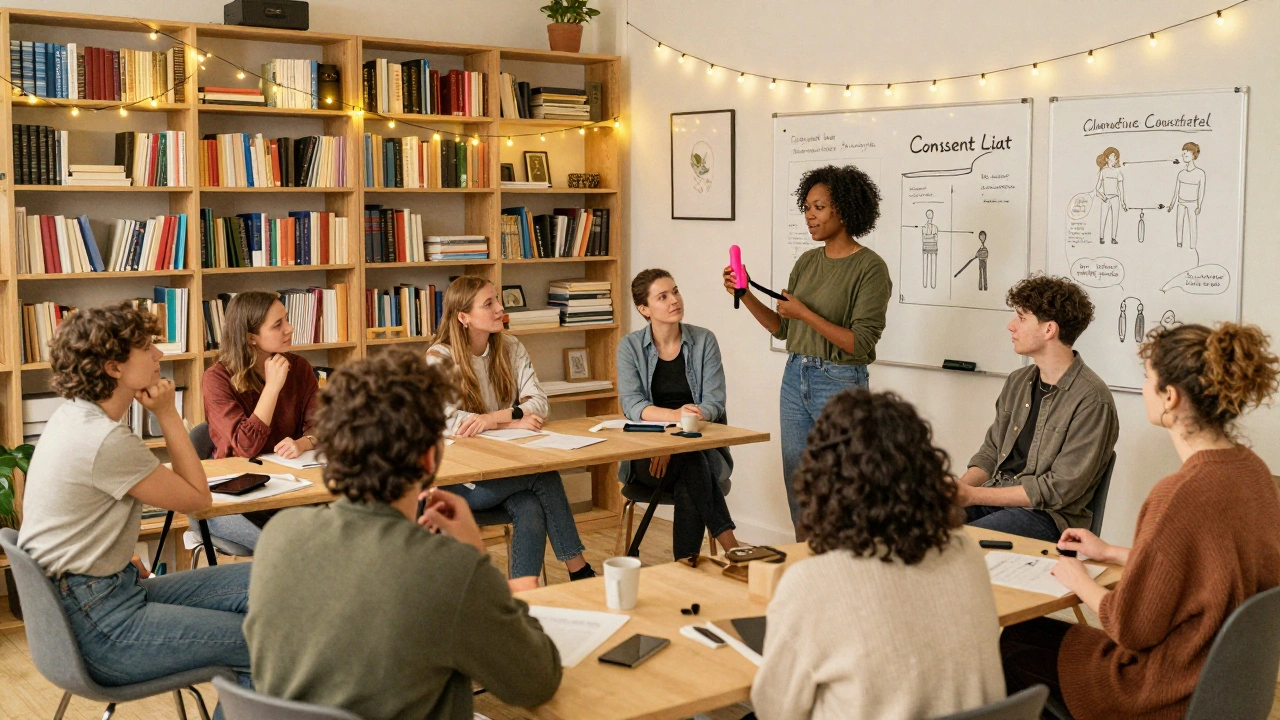 A diverse group attending a sex-positive workshop on consent and intimate toy use in London.