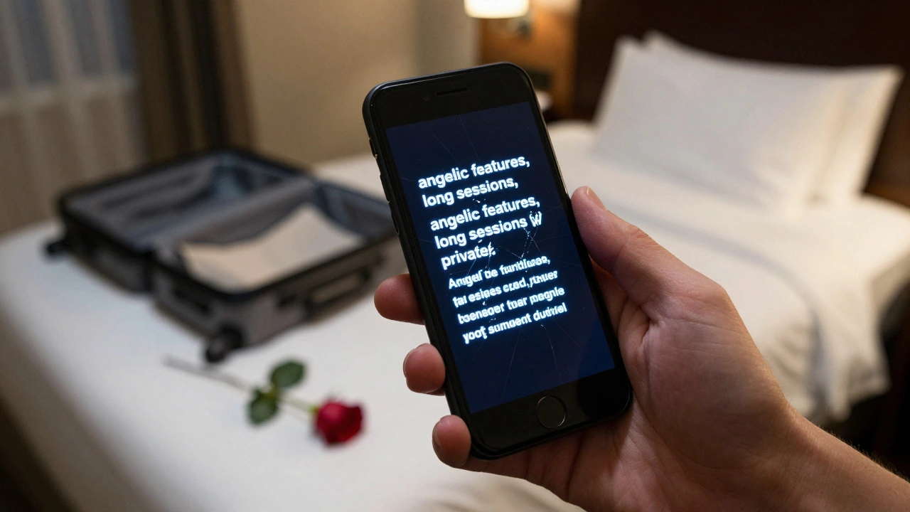A hand holding a phone displaying a vague adult services ad in a hotel room with a rose on the bed.