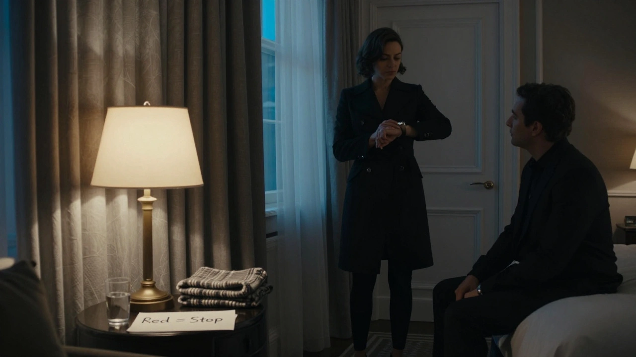 A hotel room with water, blanket, and handwritten safe word note under soft lamplight.