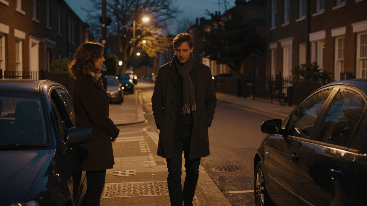 A man and woman meeting quietly by a parked car on a residential street in Leytonstone at dusk.