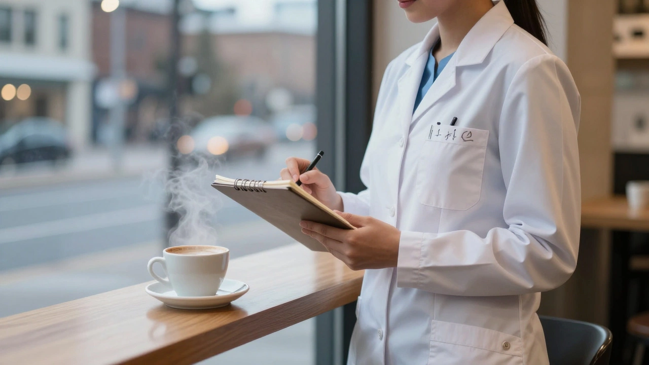 A nurse standing by a café window, coffee in hand, blending professional and private life.