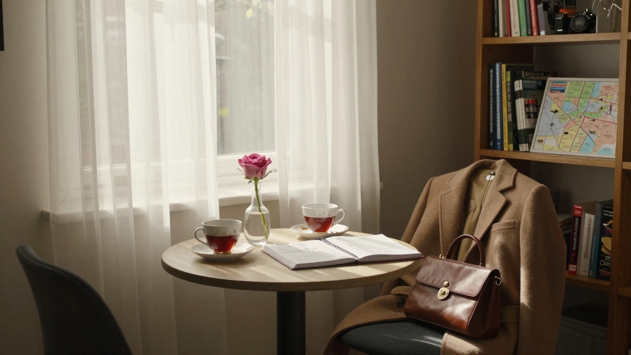 A peaceful private flat in Wembley Park with teacups, a notebook, and a rose on a table.