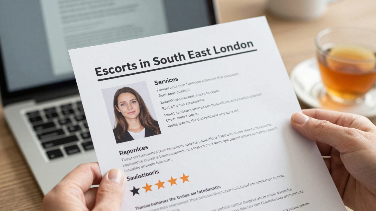 A printed escort directory page with a genuine profile and review, highlighting trust.