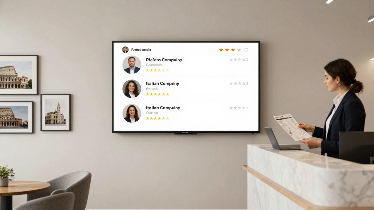 A professional escort agency office in London with digital profiles and client itinerary being handed over.