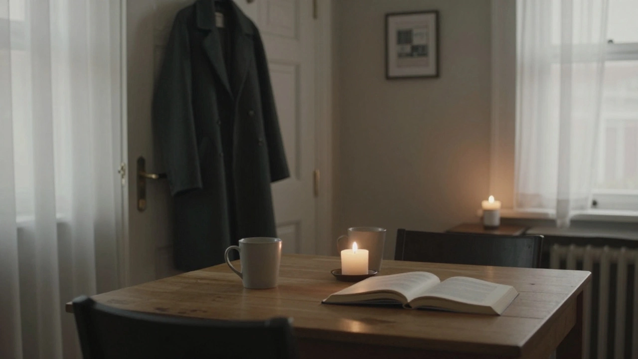 A quiet rented flat in Homerton with two mugs and an open book, suggesting a private, personal meeting.