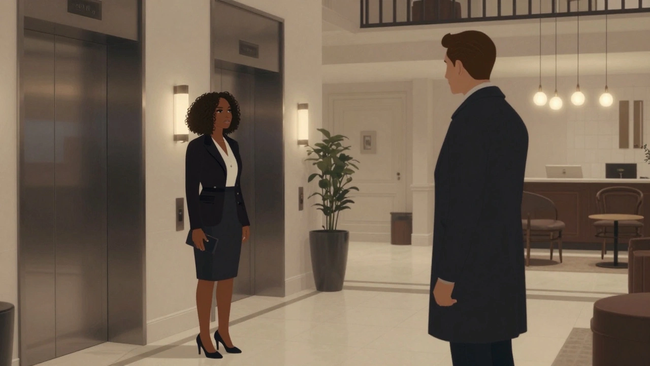 A respectful meeting in a London hotel lobby, woman and man at a distance, quiet and professional atmosphere.