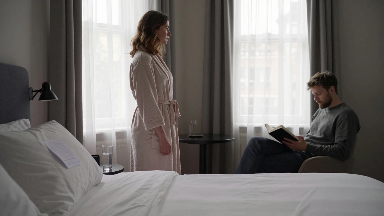 A respectful moment in a hotel room with two people sharing quiet companionship.