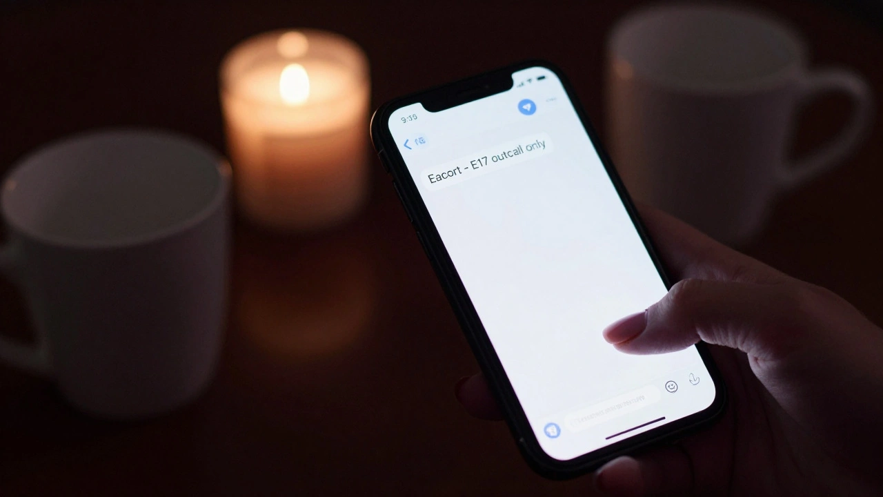 A smartphone screen in a dark room showing a private Telegram chat with the alias 'Eacort' and minimal lighting.