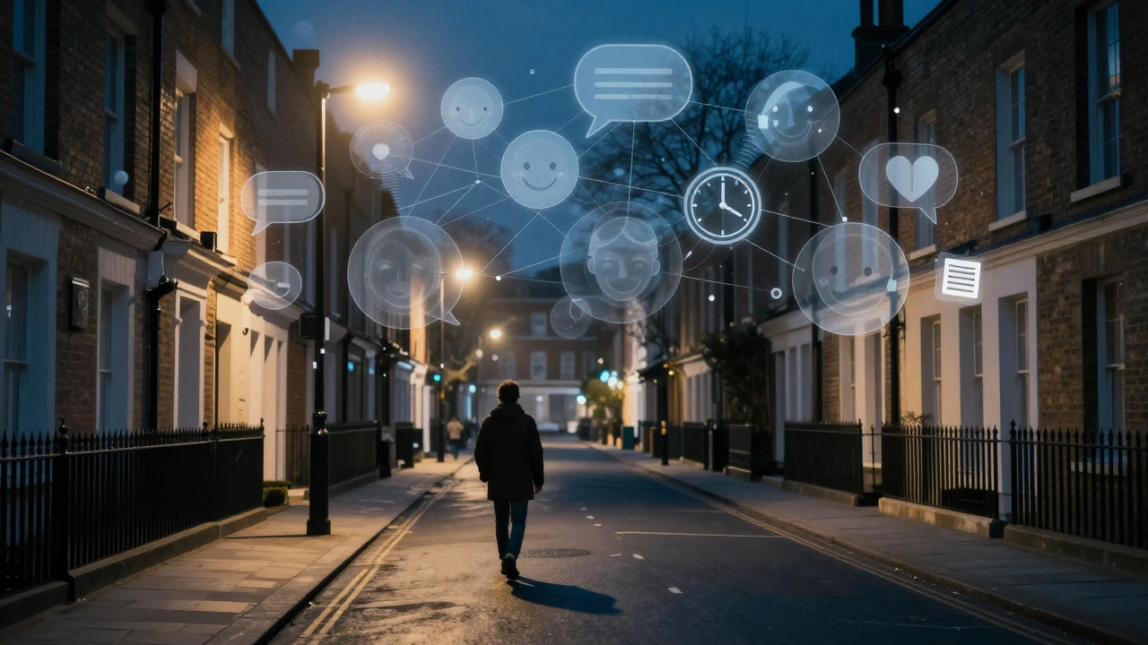 A solitary figure walking at night in Walthamstow, surrounded by translucent symbols of connection and conversation.