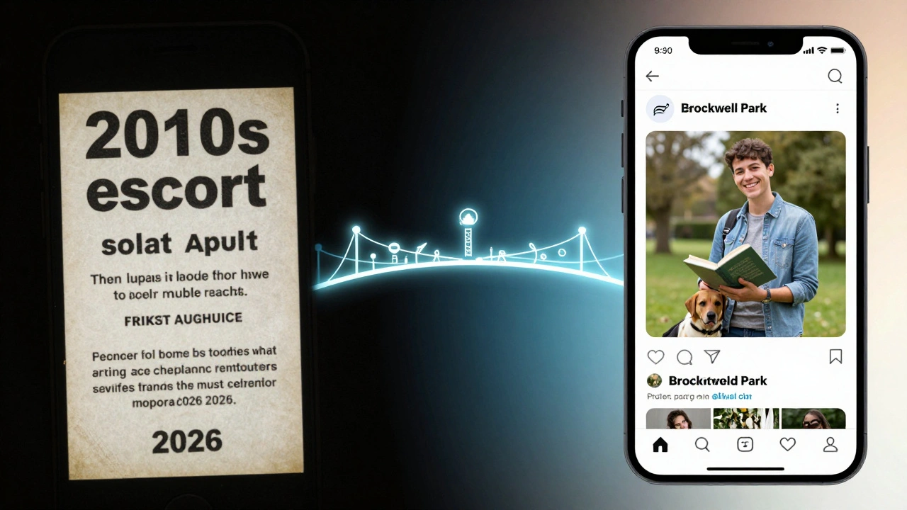 A split image showing the contrast between outdated escort ads and modern, authentic profiles with real-life context.