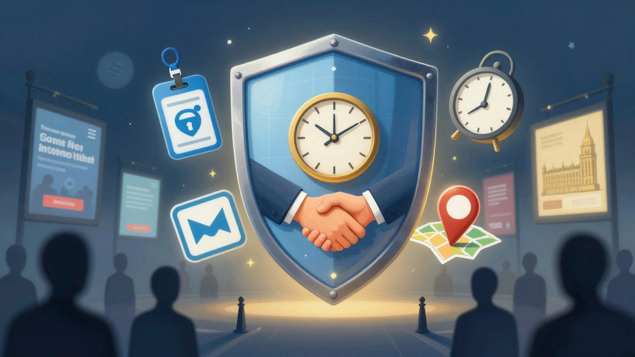 A symbolic shield of safety elements protecting against escort scams in central London.