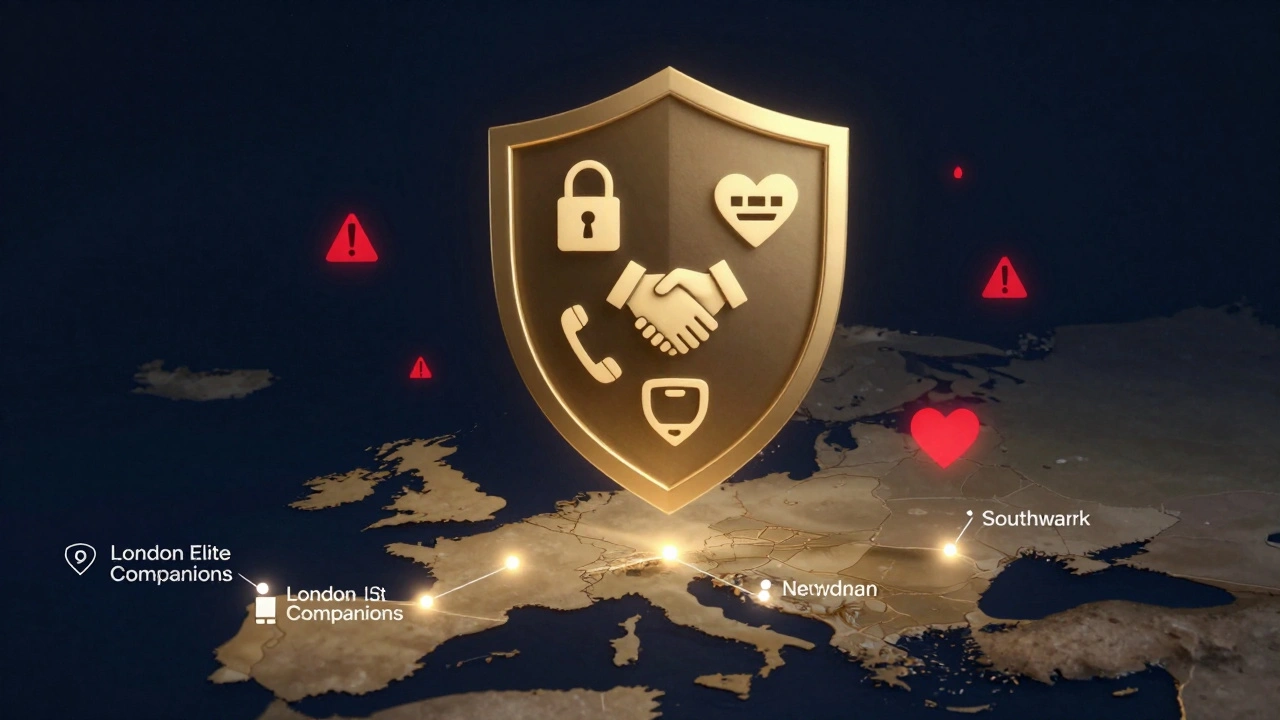 A symbolic shield of trust icons hovering over London, marking verified escort agencies with warning symbols fading away.