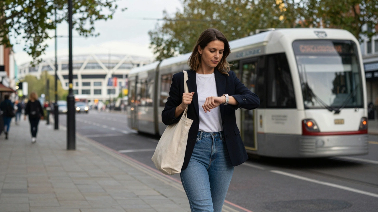 A woman walking near the London Designer Outlet in Wembley, tram and arena in the background.
