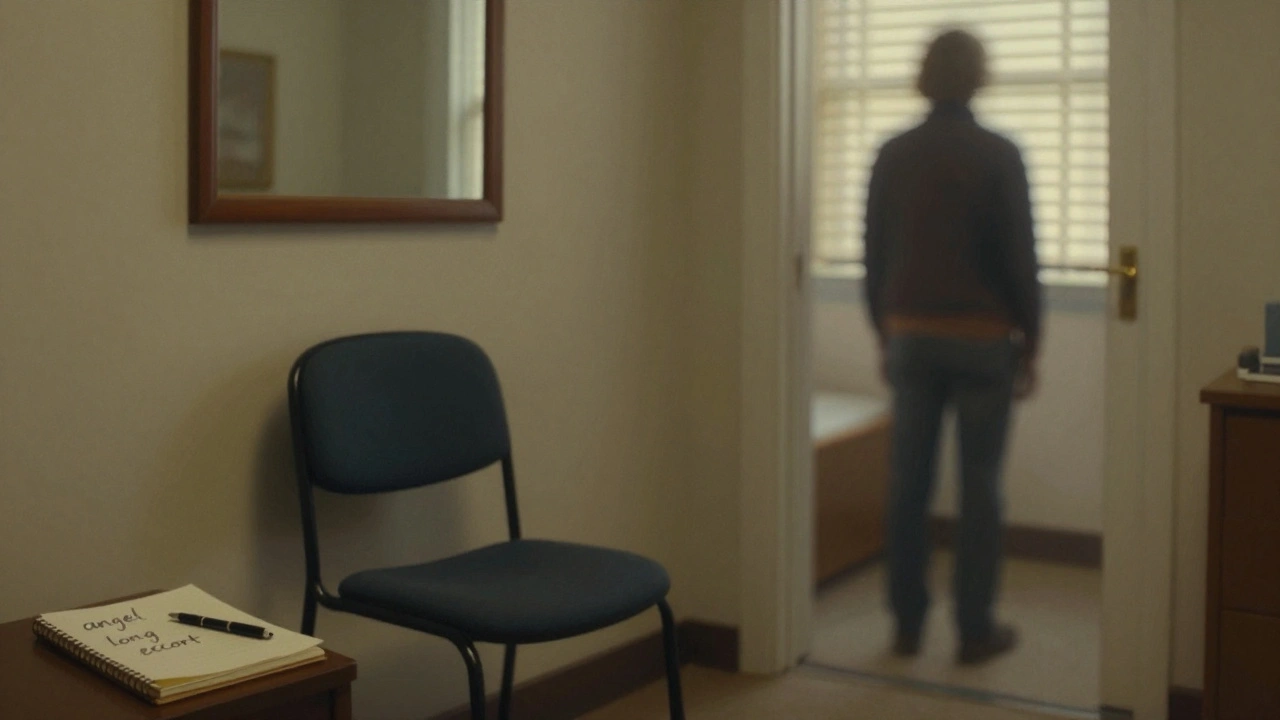 An empty chair in a therapy office beside a notebook with the phrase 'angel long escort' crossed out.