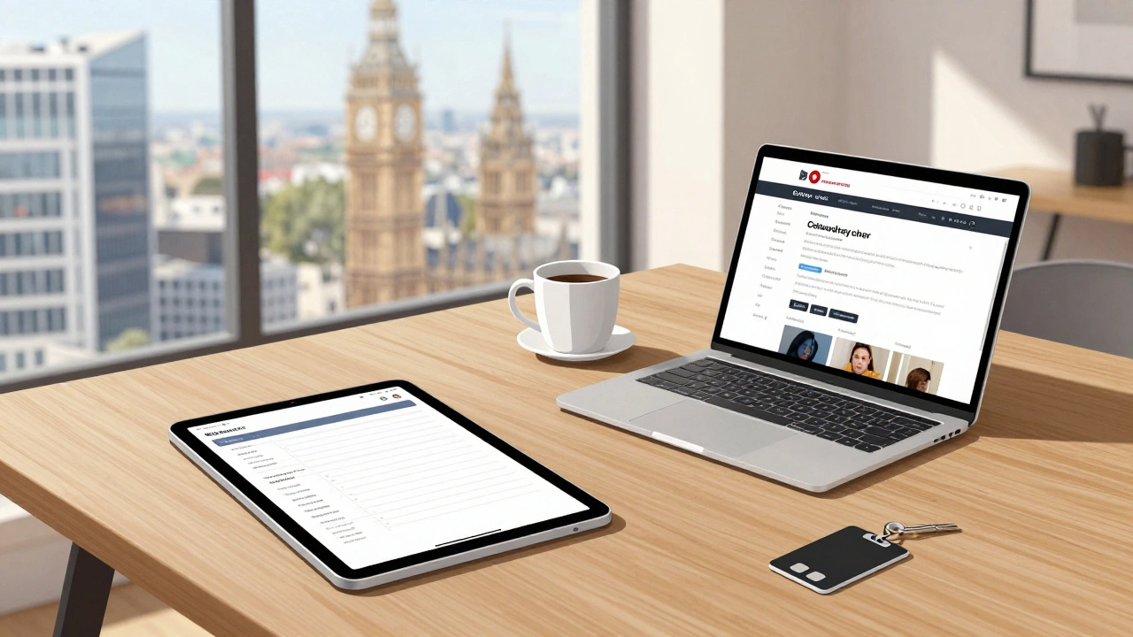 An independent escort’s organized workspace in a Soho apartment with booking tools and city view.