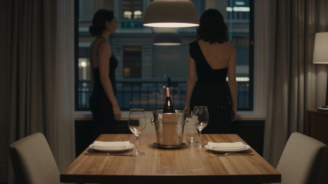 An intimate dinner setting in a luxury London hotel room with soft lighting and city views.