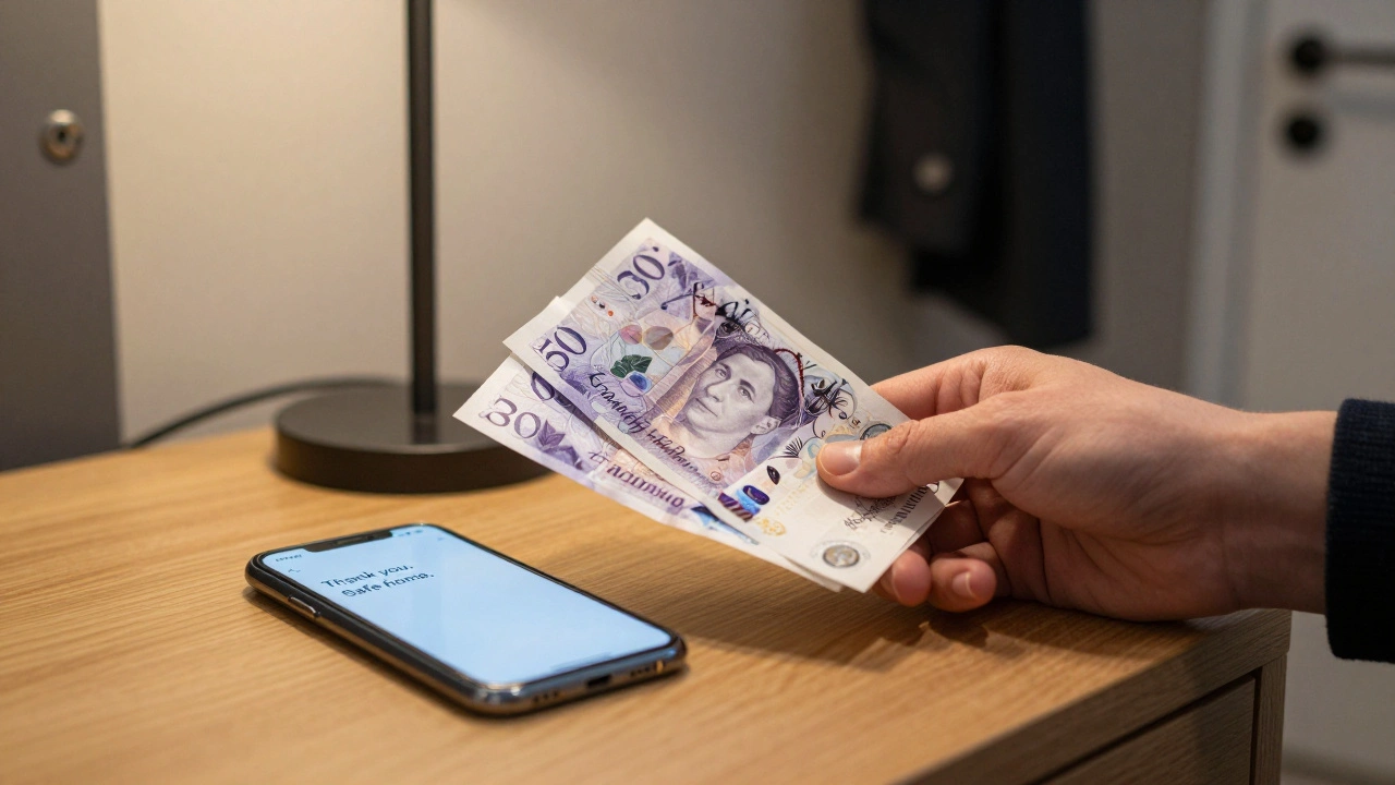 Cash on a nightstand with a thank-you text message, symbolizing respectful closure.