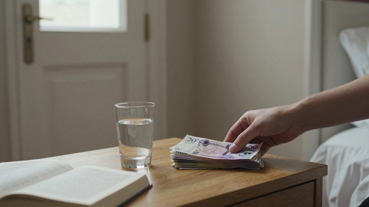 Cash payment left on a nightstand in a neutral hotel room, with a book open nearby, suggesting a respectful encounter.