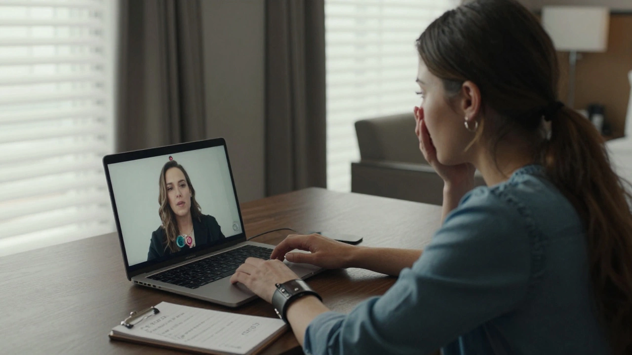 Client and escort having a video call in a hotel room, discussing boundaries