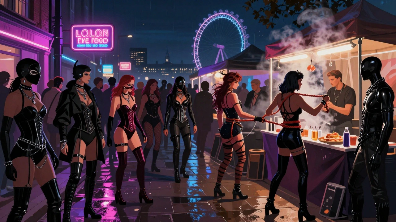 Crowd at a London fetish fair watching a rope bondage demonstration at night