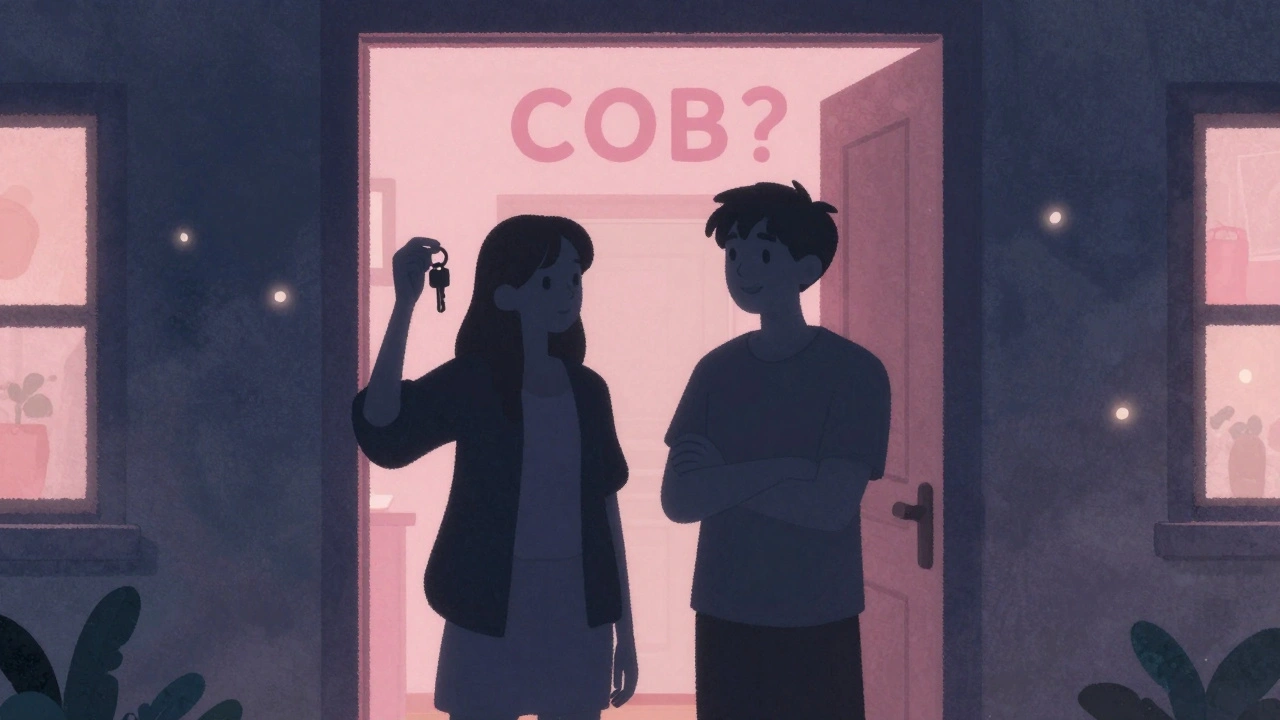 Silhouettes at an apartment door, digital 'COB?' text glowing softly in the air.