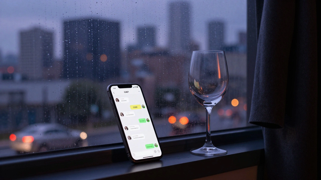 Smartphone on a windowsill displaying 'COB?' at dusk, city lights outside.